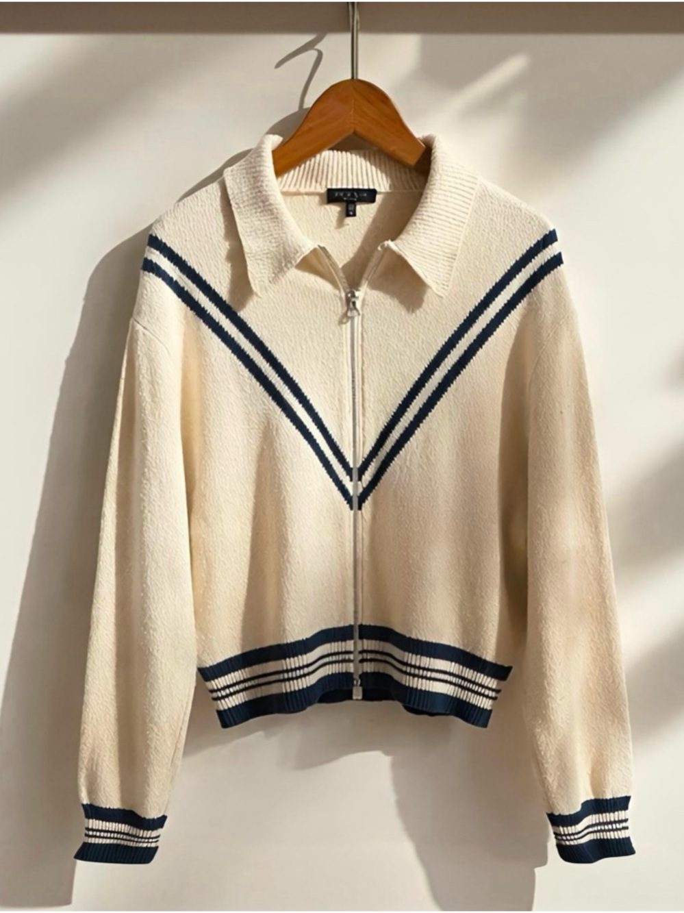 rag & bone Cream Knit Zip-Up Sweater with Silver Zipper